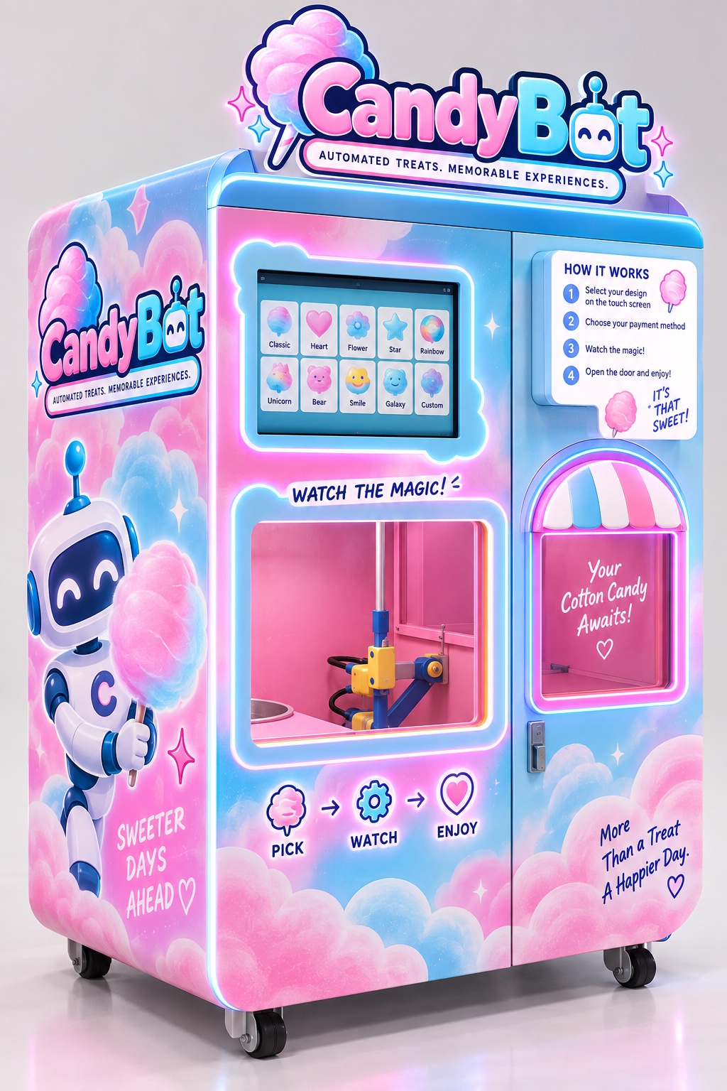 CandyBot branded automated cotton candy vending machine